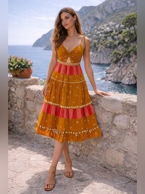 Ulla Johnson Tiered Midi Dress SZ 0 Boho Shell Detail Cotton